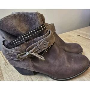 Rock And Candy Boots Womens 9 Spraypaint Ankle Bootie Brown Faux Leather Lace Up